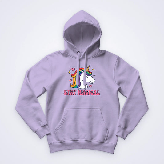 Lilac custom pullover hoodie printed in full colour with a rainbow unicorn and the words Stay Magical