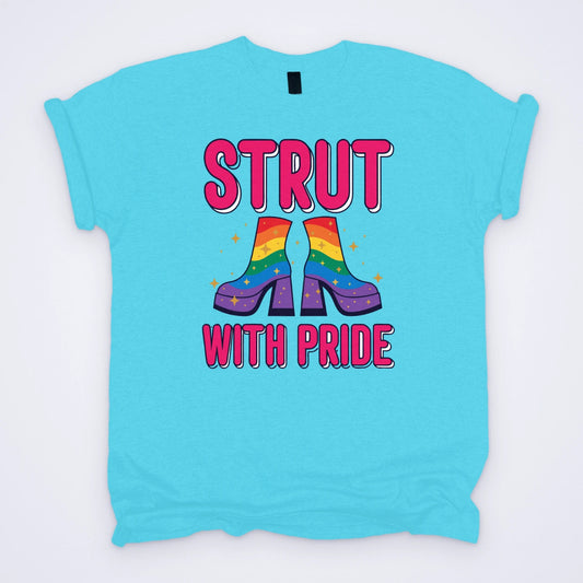 Sky blue custom T-shirt printed in full colour with rainbow platform boots and the words Strut With Pride