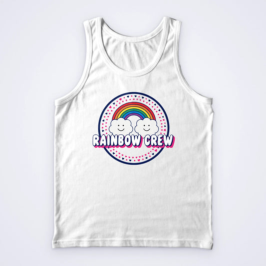 White custom vest printed in full colour with a Rainbow Crew emblem of a rainbow and smiling clouds