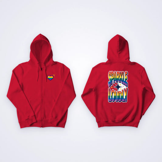 Red custom zip hoodie, front and back: a rainbow heart on the chest and Sparkle Loudly in big rainbow letters on the back