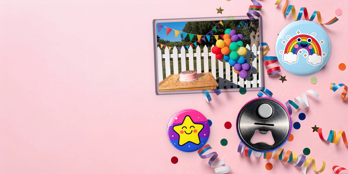 Custom fridge magnets on pink: a jumbo photo magnet, badge magnets and a bottle opener magnet