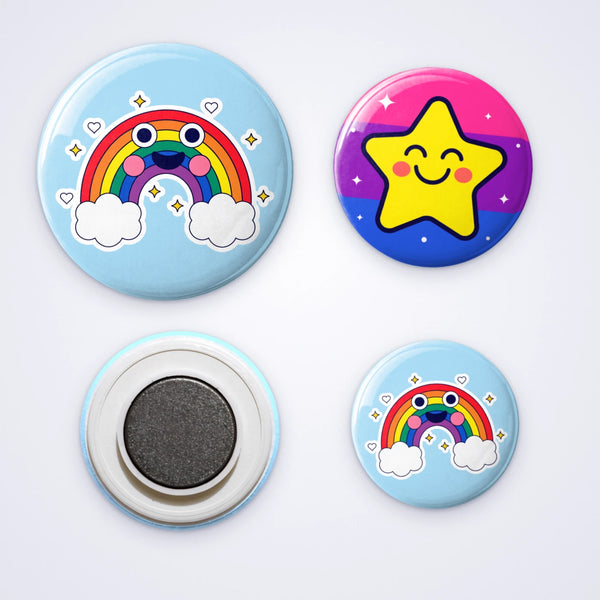 Custom badge magnets with a smiling rainbow and a smiling star, shown with the round magnet back