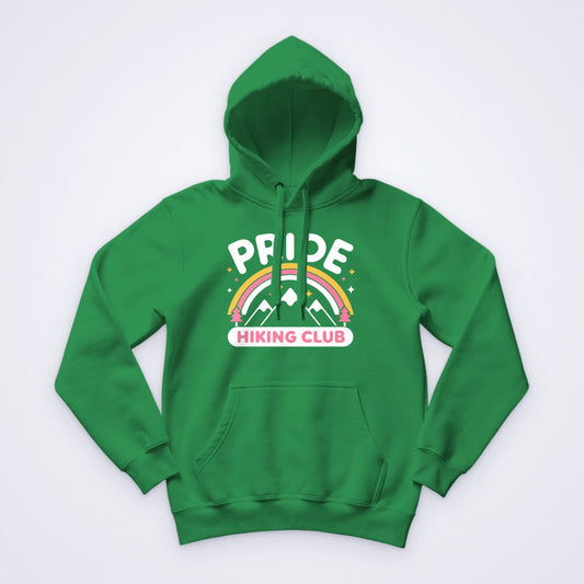 Green custom hoodie screen printed in white, yellow and pink with mountains, a rainbow and the words Pride Hiking Club