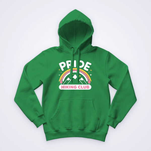 Green custom hoodie screen printed in white, yellow and pink with mountains, a rainbow and the words Pride Hiking Club