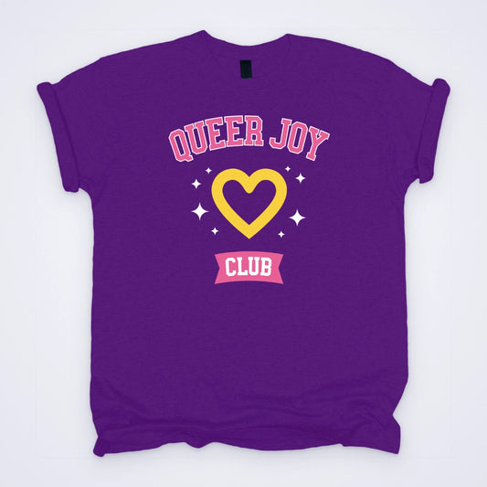 Purple custom T-shirt screen printed in pink, yellow and white with a heart and the words Queer Joy Club