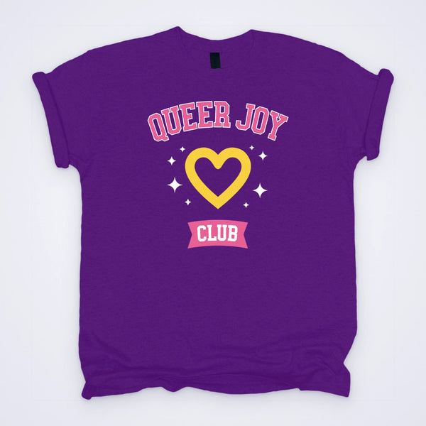 Purple custom T-shirt screen printed in pink, yellow and white with a heart and the words Queer Joy Club