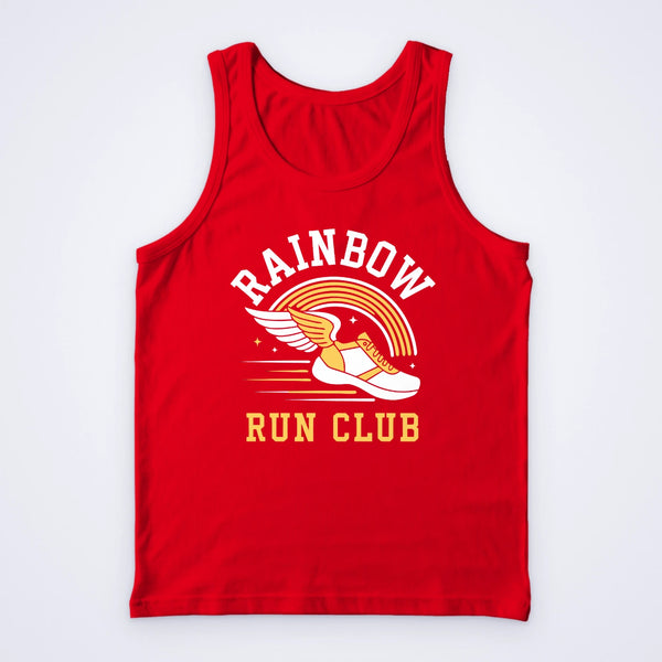 Red custom vest screen printed in white and yellow with a winged running shoe and the words Rainbow Run Club