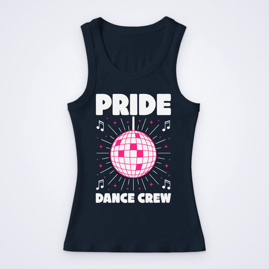 Navy women's custom vest screen printed in white and pink with a disco ball and the words Pride Dance Crew