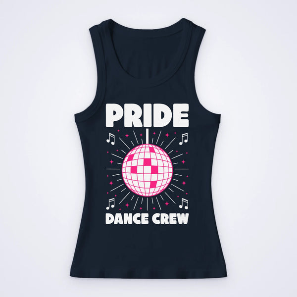 Navy women's custom vest screen printed in white and pink with a disco ball and the words Pride Dance Crew