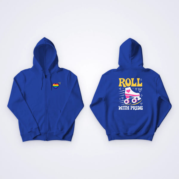 Cobalt blue custom zip hoodie, front and back: a rainbow heart on the chest and a roller skate with Roll With Pride screen printed on the back