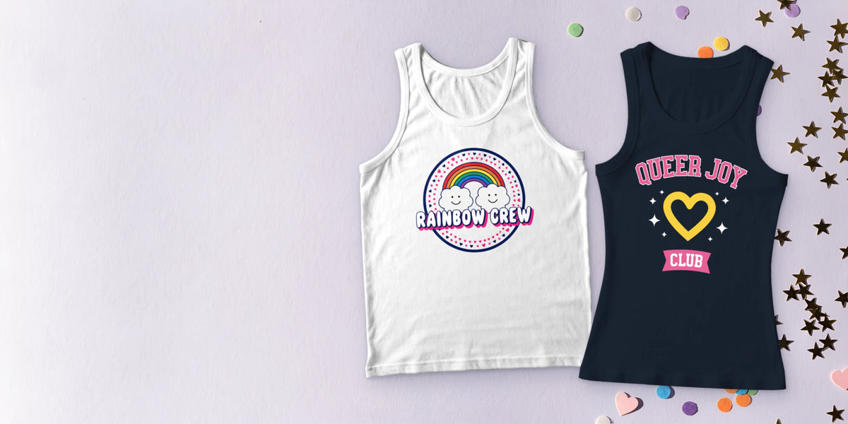 Custom printed vests laid flat with Rainbow Crew and Queer Joy Club prints
