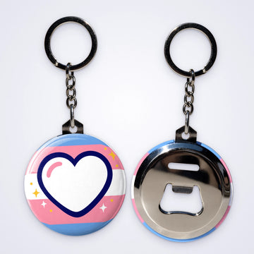 One custom bottle opener keyring with a heart on trans pride stripes, shown with the bottle opener back