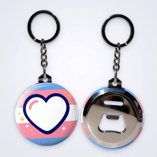One custom bottle opener keyring with a heart on trans pride stripes, shown with the bottle opener back