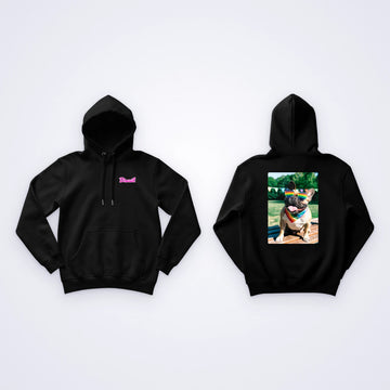 One black custom hoodie, front and back: the name Biscuit on the chest and a photo of a French bulldog in rainbow sunglasses on the back