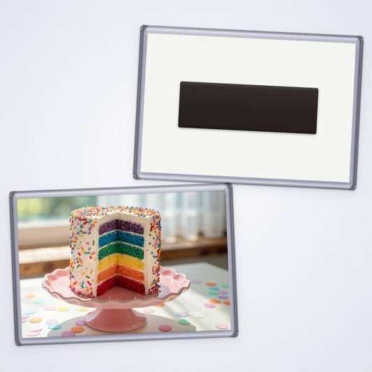 One custom jumbo photo magnet with a photo of a rainbow layer cake, shown with the magnet back
