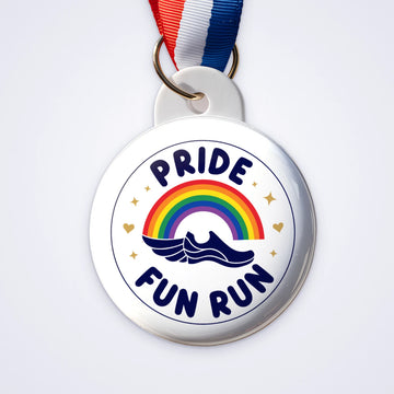 One custom medal printed with a rainbow, a winged running shoe and Pride Fun Run on a striped ribbon