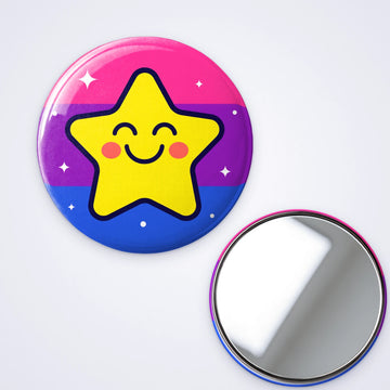 One custom pocket mirror with a smiling star on bi pride stripes, shown with the mirror back
