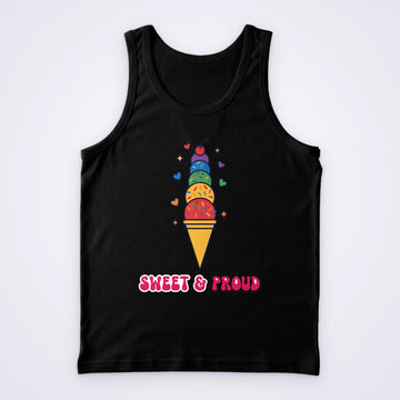 One black custom vest printed in full colour with a rainbow ice cream cone and the words Sweet & Proud
