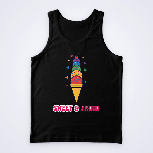 One black custom vest printed in full colour with a rainbow ice cream cone and the words Sweet & Proud