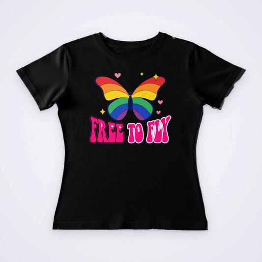One black women's fit custom T-shirt printed in full colour with a rainbow butterfly and the words Free To Fly