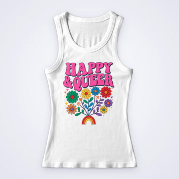 One white women's custom vest printed in full colour with rainbow flowers and the words Happy & Queer