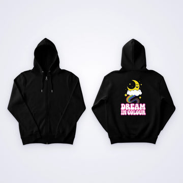 One black custom zip hoodie, front and back, with a rainbow, a moon on a cloud and the words Dream In Colour printed on the back