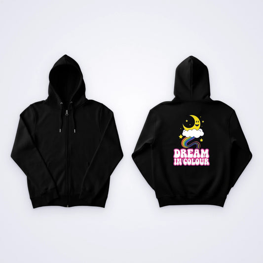 One black custom zip hoodie, front and back, with a rainbow, a moon on a cloud and the words Dream In Colour printed on the back